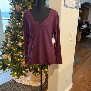 Women's Ribbed V-Neck Long Sleeve Top - Plum/Burgundy